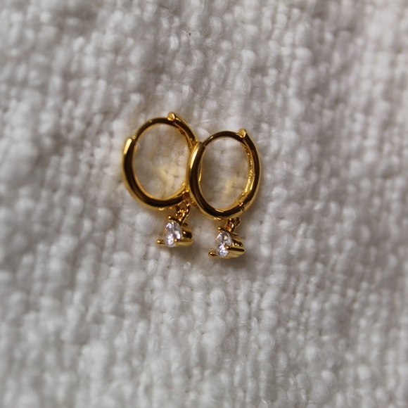 Sterling Silver Gold Hoops with Single Simulated Diamond Charm - Picture 5 of 6